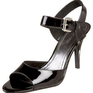 NINE WEST Black Patent Peep Toe Ankle Strap Heels Size 9